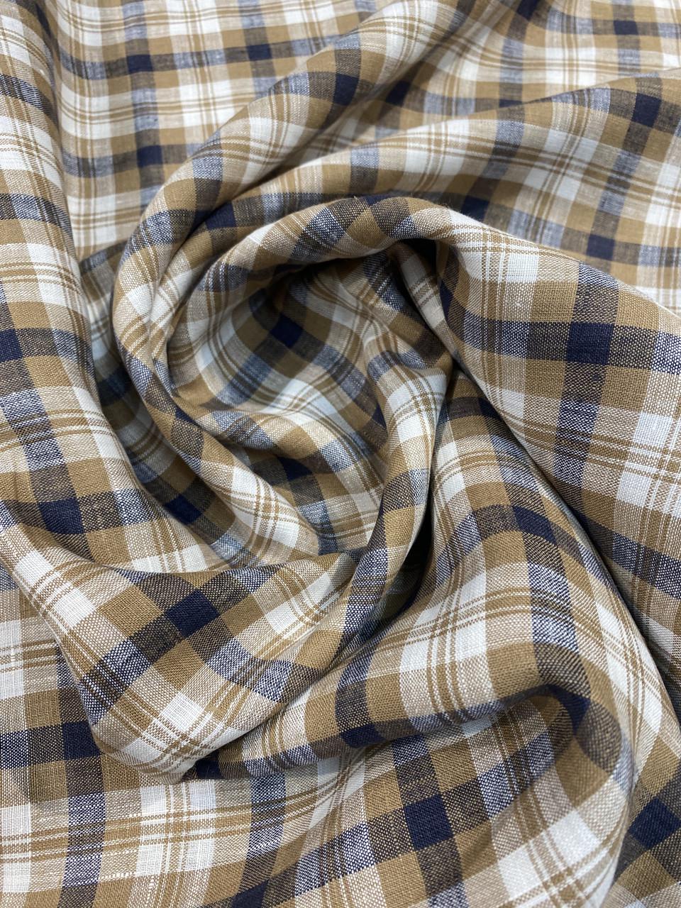 Ткань рубашечная в клетку LINEN PLUS льняная 150 см 108/3 Коричнево-синий