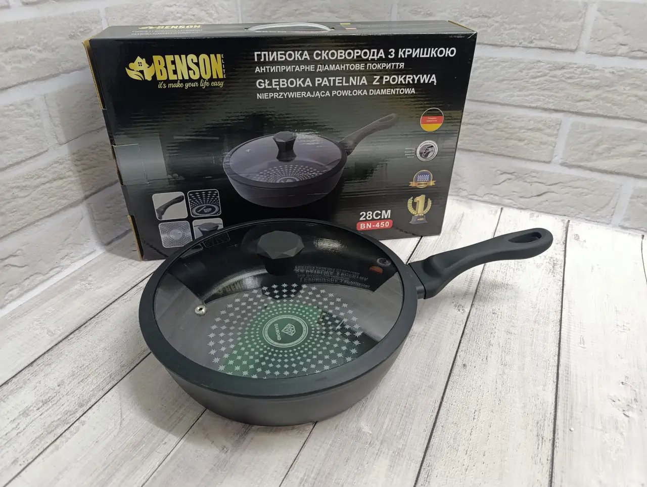 Сковорода із скляною кришкою Benson BN-450 Soft Touch 28 см 3,7 л литий алюміній/алмазне антипригарне покриття (ML-05263) - фото 8