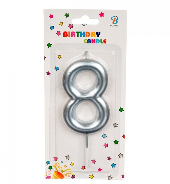 Свічка для торта цифра "8" Сріблястий матовий (13619)