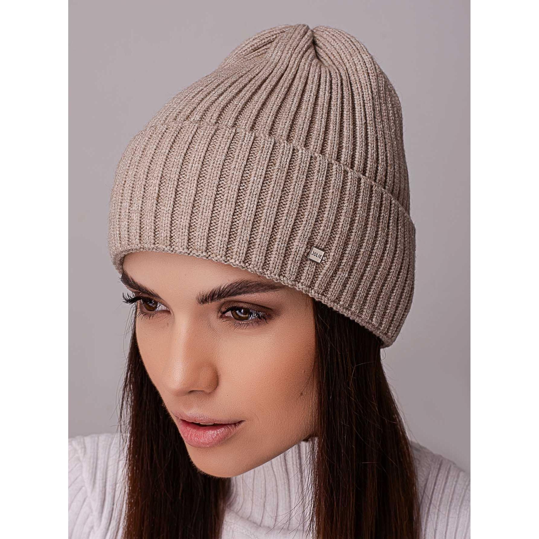 Шапка женский колпак с отворотом без подкладки в широкий рубчик Leks Ковель Бежевый меланж - фото 1