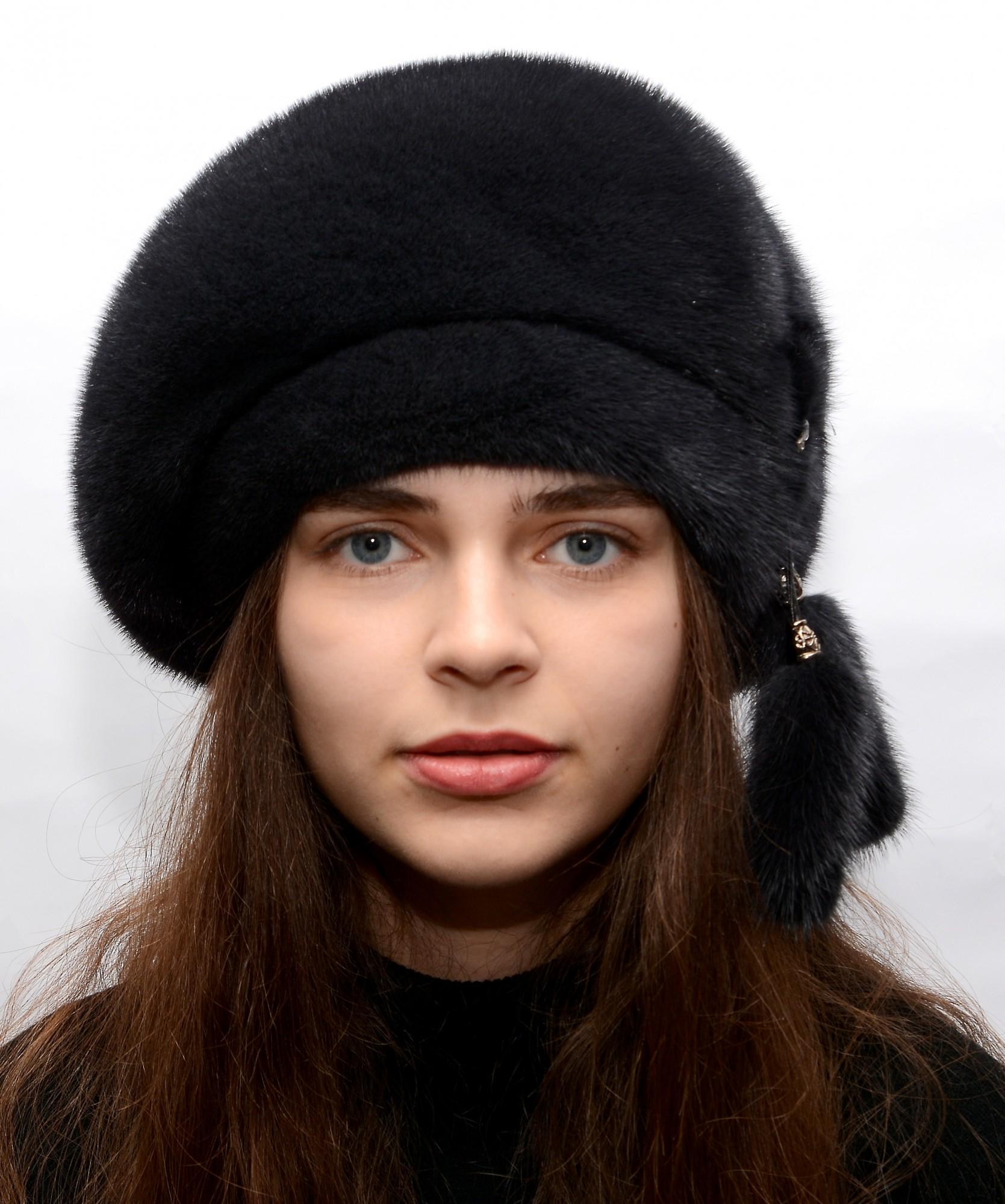Женский зимний берет Меховой стиль Ассиметрия из натурального меха норки Темный ирис (023/C)
