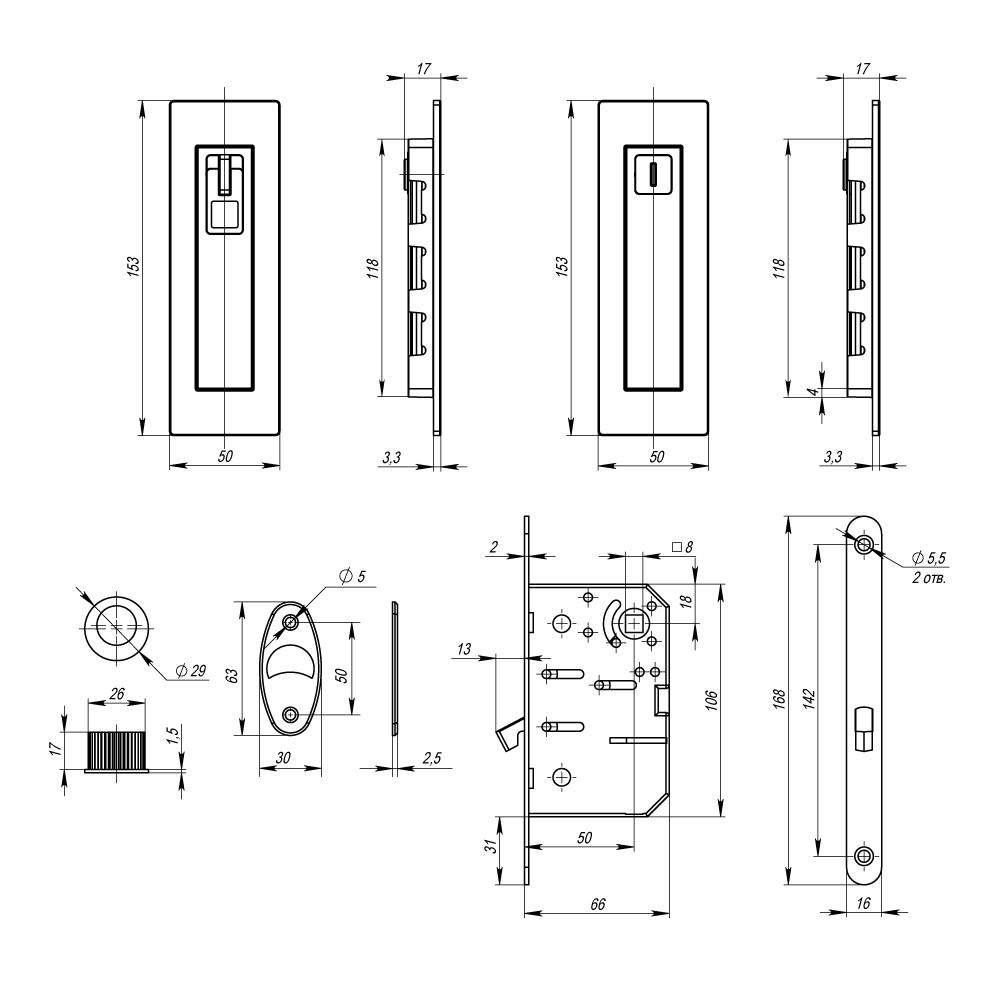 Засувка з ручками для розсувних дверей ARMADILLO SH.URB153.KIT011-BK SH011 URB SN-3 Матовый нікель (35767) - фото 2