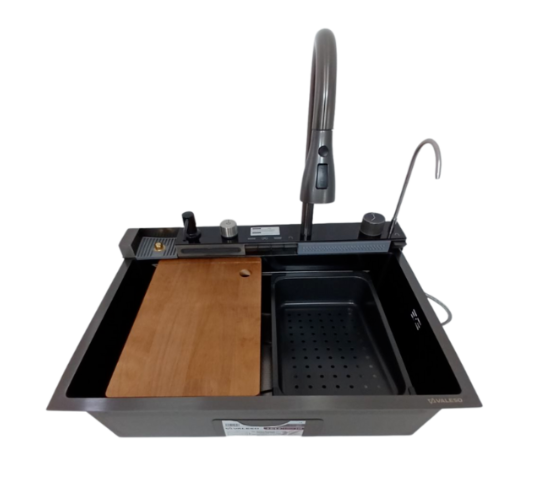 Комплект кухонна мийка і змішувач Valeso PVD Handmade Водоспад 68х45M Чорний (29206059)