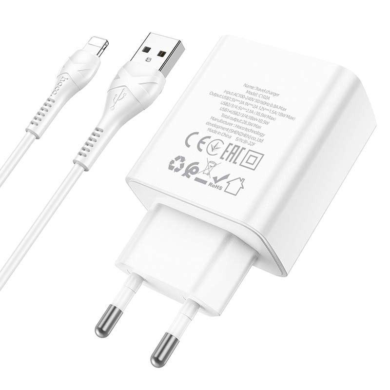 Пристрій мережевий зарядний Hoco C102A 4 USB/2,1 A з кабелем для заряджання USB/Lightning Білий - фото 2