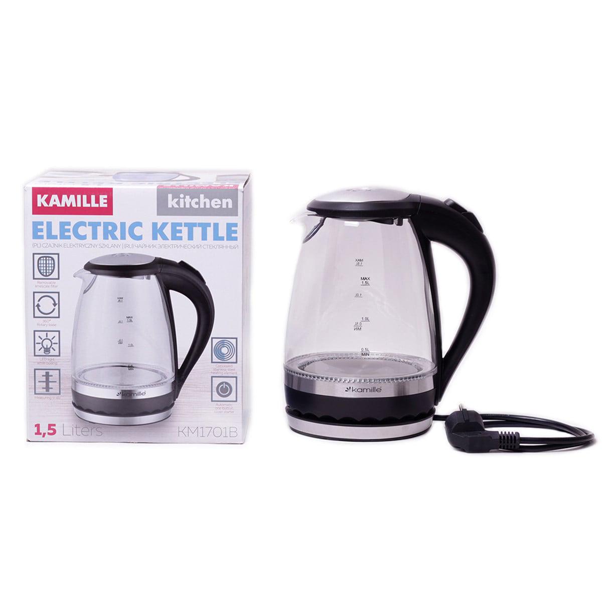 Електрочайник Kamille 1,5 л з синім LED підсвічуванням і сталевими декоративними вставками KM-1701B