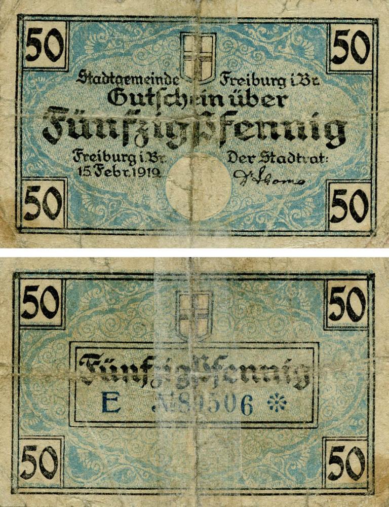 Коллекционная банкнота Германия Нотгельд 50 пфеннигов 1919 F-VF Фрайбург (Б18722)
