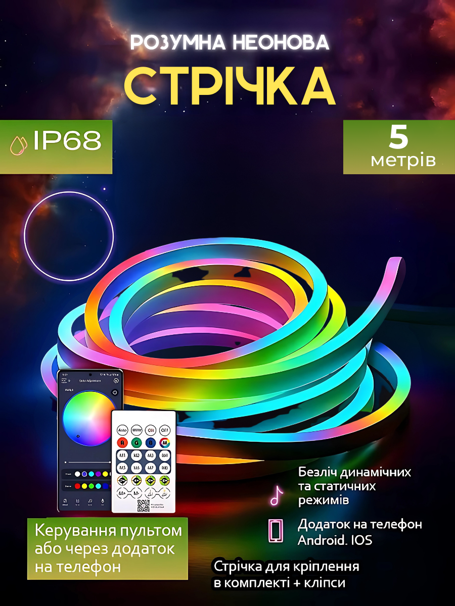 Лента умная неоновая RGB/LED USB/Bluetooth с пультом 5 м Белый (2660334341) - фото 2 Лента умная неоновая RGB/LED USB/Bluetooth с пультом 5 м Белый (2660334341) - фото 2