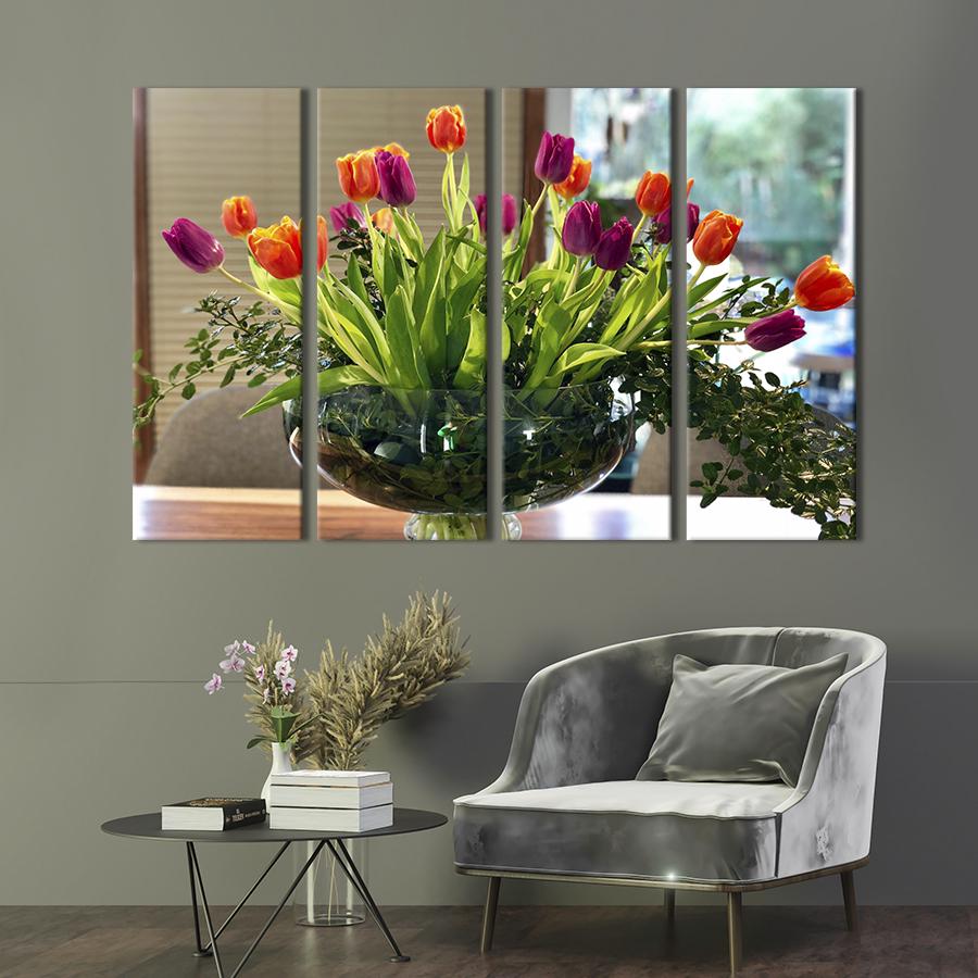 Картина на холсте Букет красных и фиолетовых тюльпанов 89x53 см (1010-41)