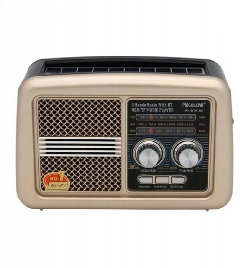 Радиоприемник Golon RX-BT978S с солнечной панелью и встроенным аккумулятором Золотой (24365534)