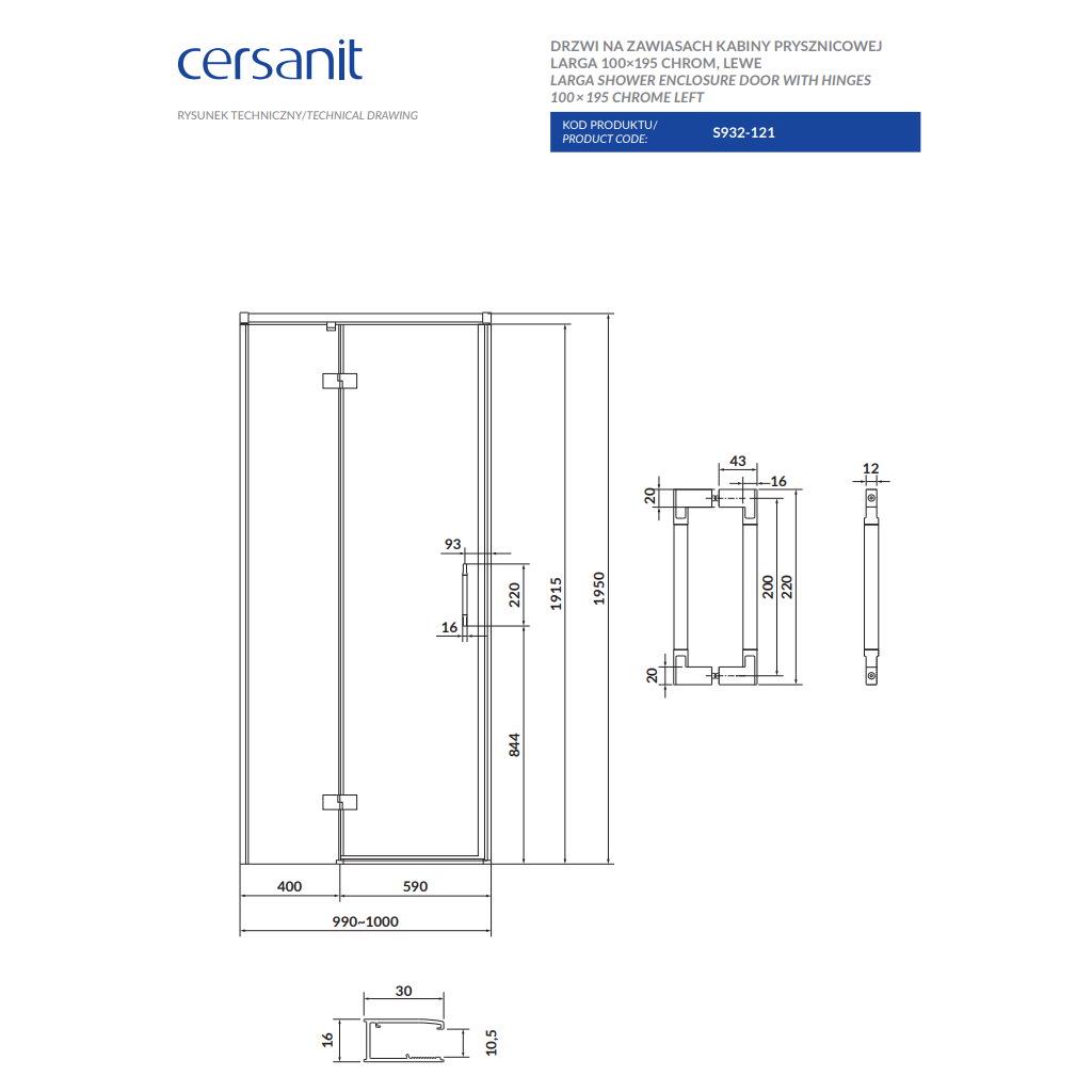 Душові двері у нішу Cersanit Larga L S932-121 100x195 см профиль Хром (214696) - фото 3 Душові двері у нішу Cersanit Larga L S932-121 100x195 см профиль Хром (214696) - фото 3