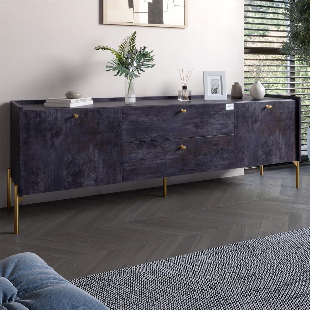 Тумба под телевизор с ящиками Lion Wood с золотыми ножками 180х50х40 см Бетон темный (Lion-043110) Тумба под телевизор с ящиками Lion Wood с золотыми ножками 180х50х40 см Бетон темный (Lion-043110)