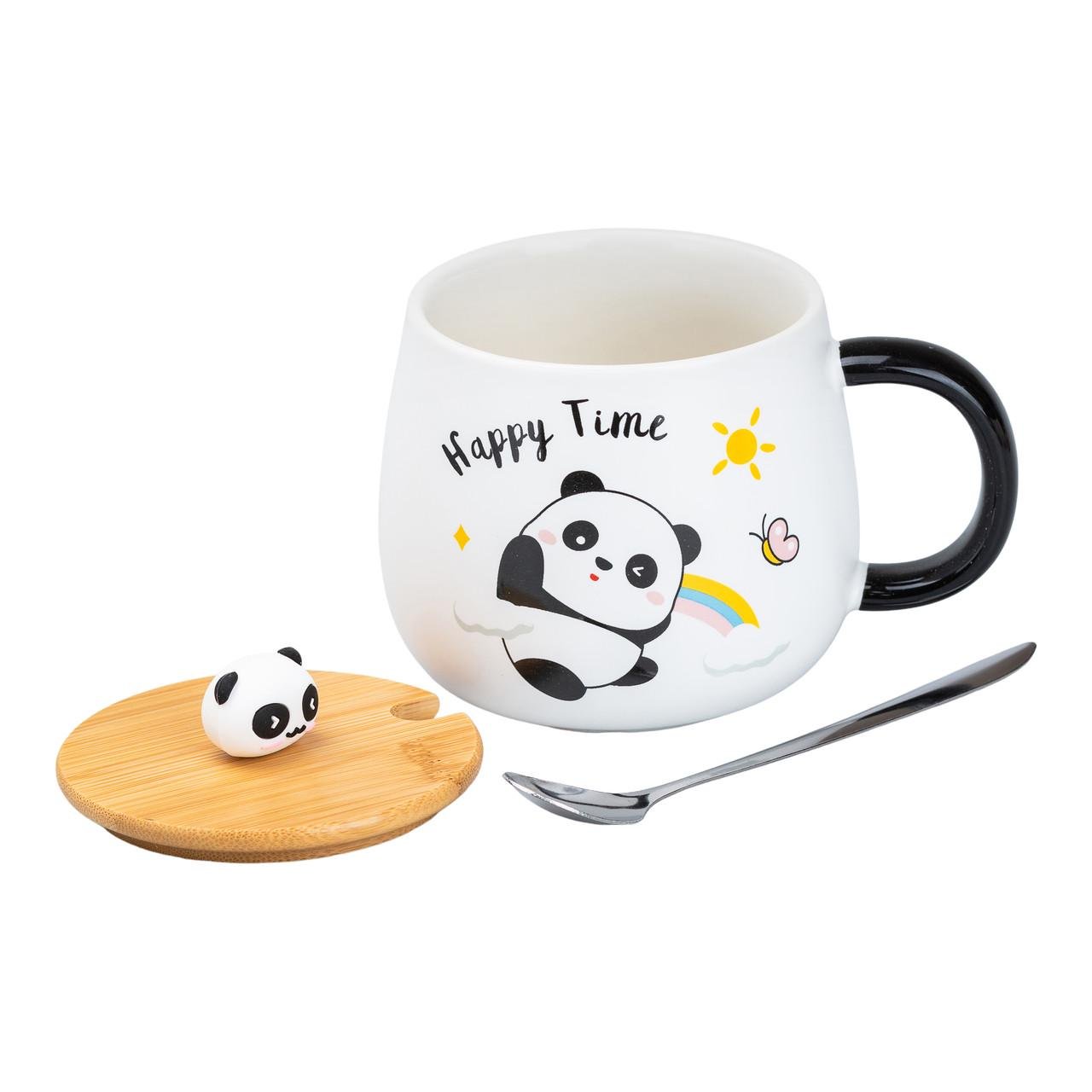 Кружка керамическая Panda Happy time с крышкой и ложкой 450 мл (HP7203R) - фото 2