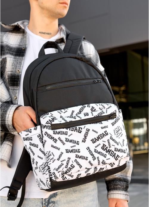 Міський рюкзак чоловічий Sambag тканинний з відділенням під ноутбук Black/White (6150281346)