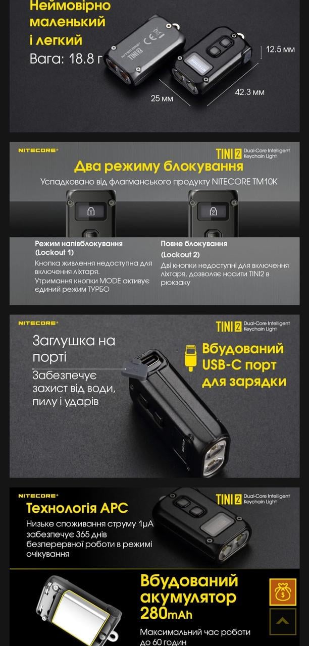 Фонарь наключительный Nitecore TINI2 USB Type-C с LED дисплеем Черный (010309) - фото 5