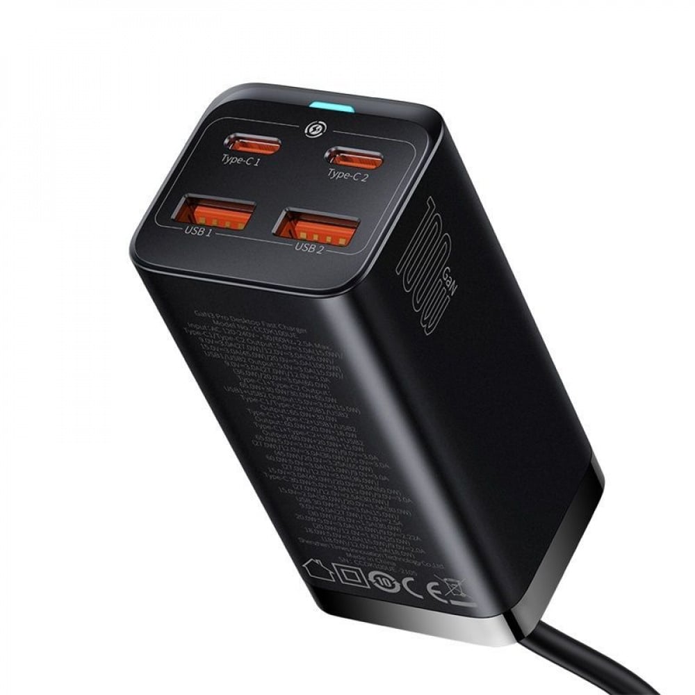 Зарядное устройство BASEUS GaN3 Pro 100 W 2 Type-C+2 USB Black - фото 9