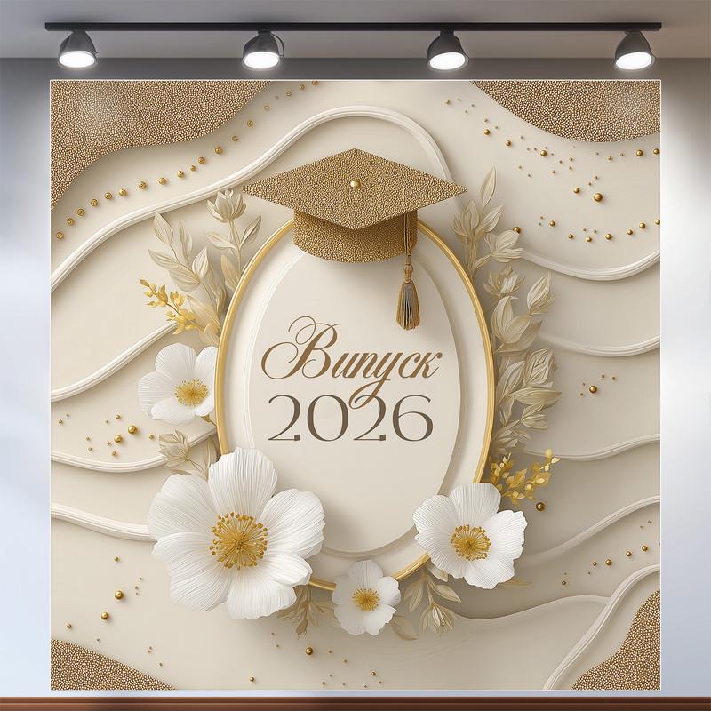 Баннер для фотозоны "Випуск 2026" с белыми цветами и золотой обрамкой 160x160 см №41058