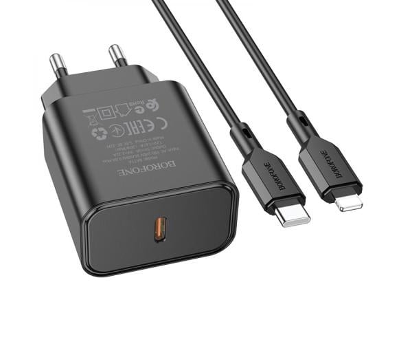 Пристрій зарядний мережевий Borofone BA71A Type-C PD20W 3A Type-C to Lightning Black Пристрій зарядний мережевий Borofone BA71A Type-C PD20W 3A Type-C to Lightning Black