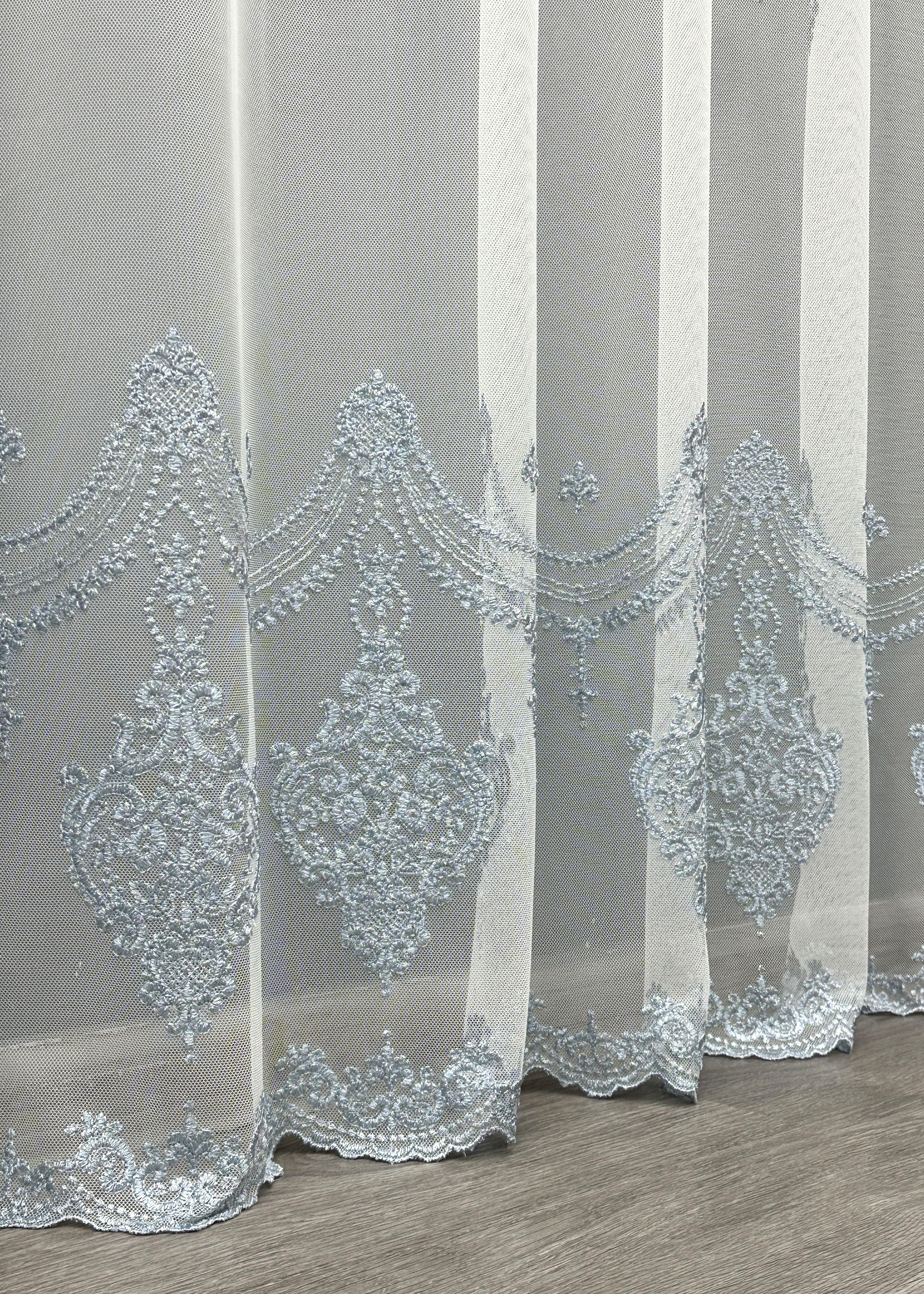 Тюль VR-Textil 1657т Грек-сітка з вишивкою та люрексом 300х270 см Молочний/Сіро-блакитний (42-0661) - фото 8