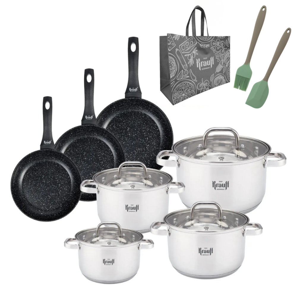 Набір каструль з кришками Krauff Stahlcraft та сковорідок Berlin з кухонним приладдям 14 пр. (55-333-618)