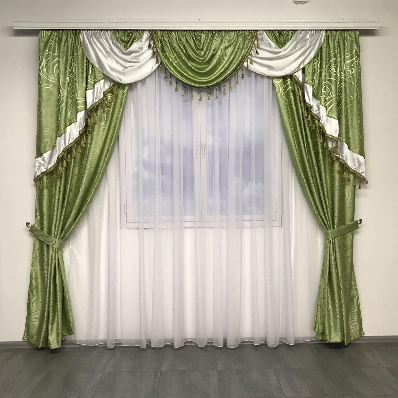 Ламбрекен и готовые жаккардовые шторы ALBO 150х270 см 2 шт. Салатовый