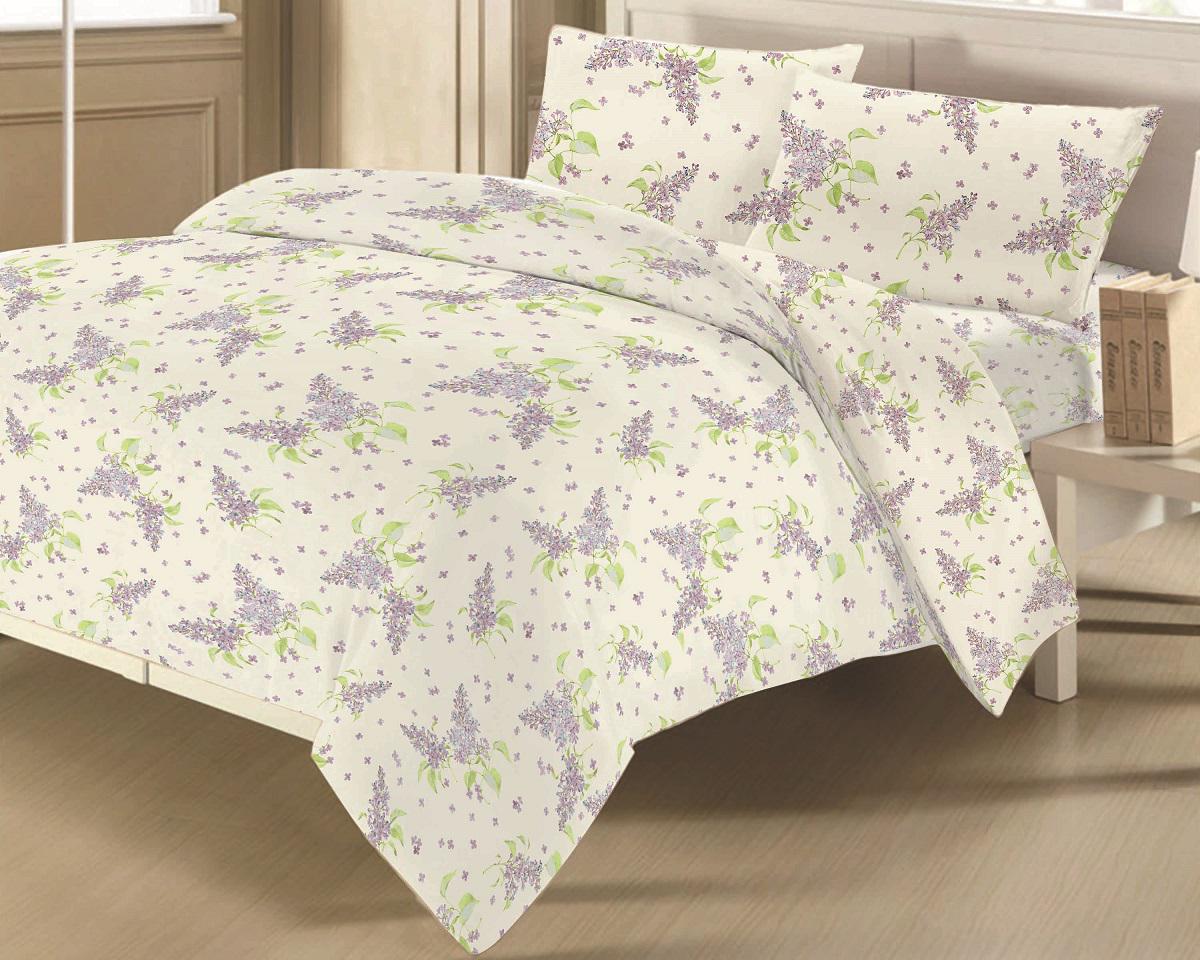 Комплект постельного белья Zastelli 8909 Сирень бязь полуторный 145х210 Молочный