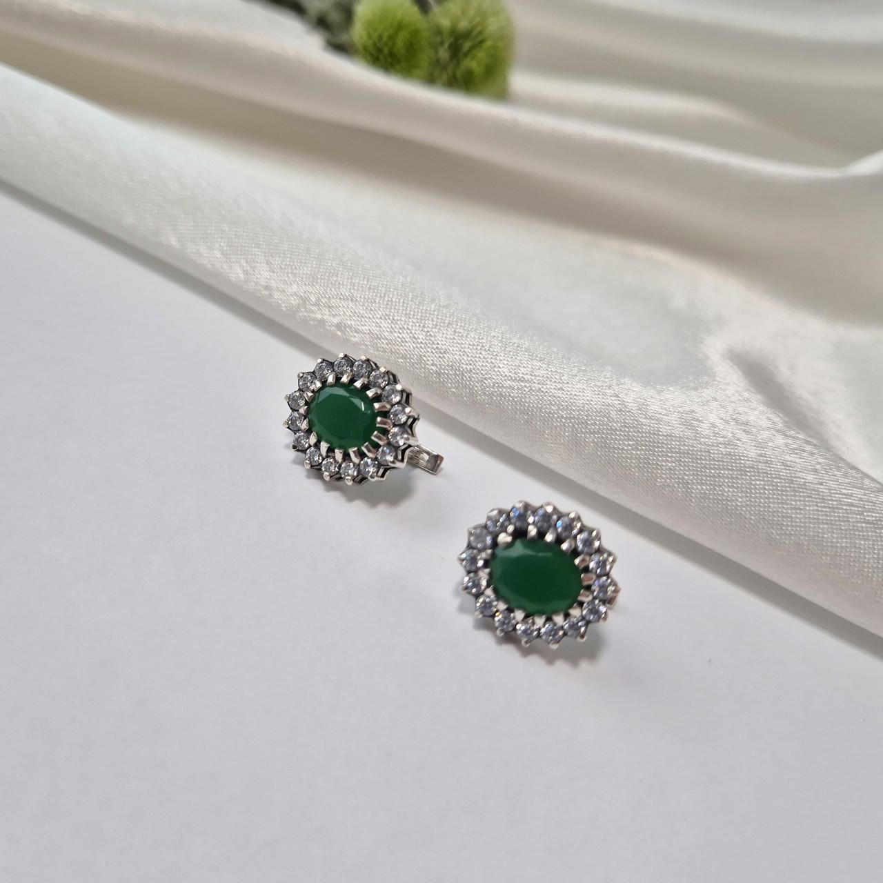 Сережки овал із великим зеленим каменем імітація хризопраз чорнене срібло 925 проби 5,10 г (2885) - фото 4