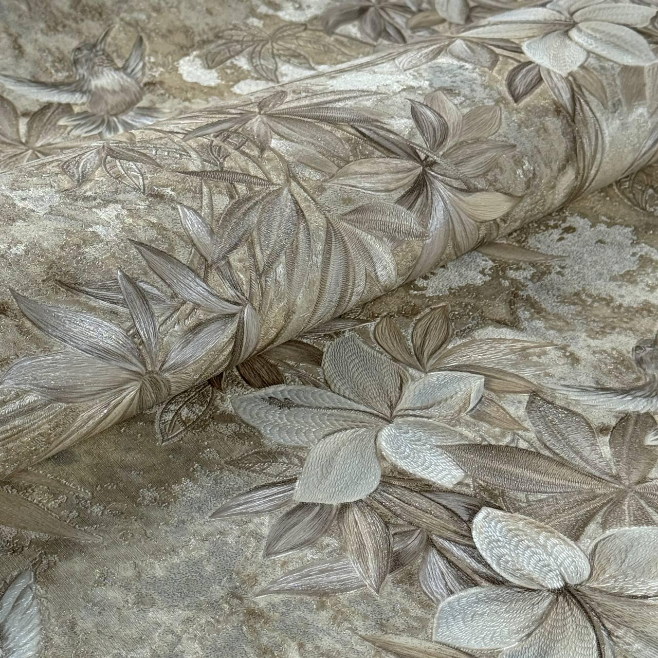 Обои виниловые Славянские обои 8677-08 10,05х1,06 м Бежево-коричневый с цветами и птицами (2932887338)