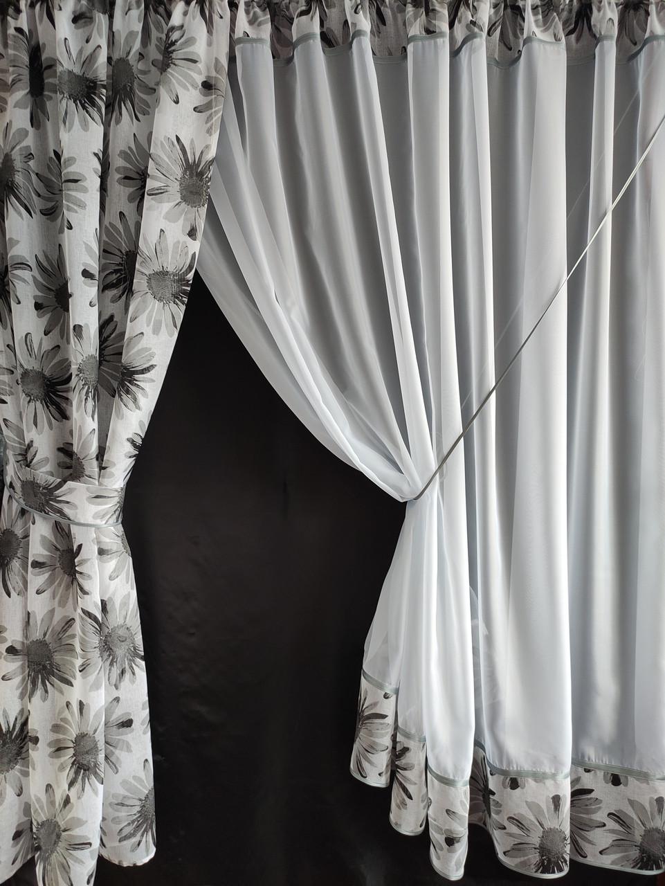 Комплект на кухонное окно Ромашка шифон и батист с цветами 290х190 см Белый/Серый (ромашка-01) - фото 2 Комплект на кухонное окно Ромашка шифон и батист с цветами 290х190 см Белый/Серый (ромашка-01) - фото 2