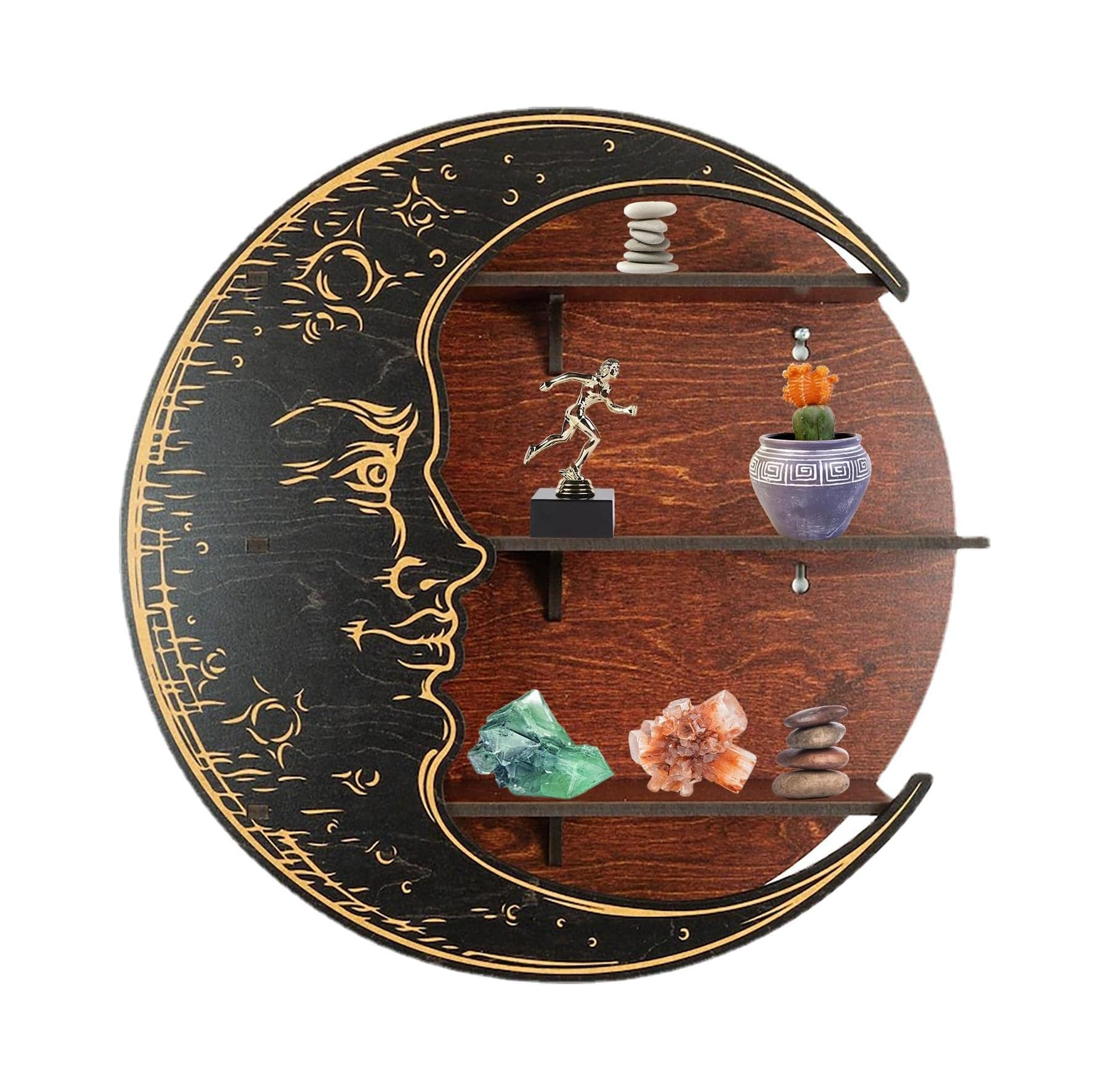 Полка настенная Луна деревянная с 3 полками для украшений и декора Purple