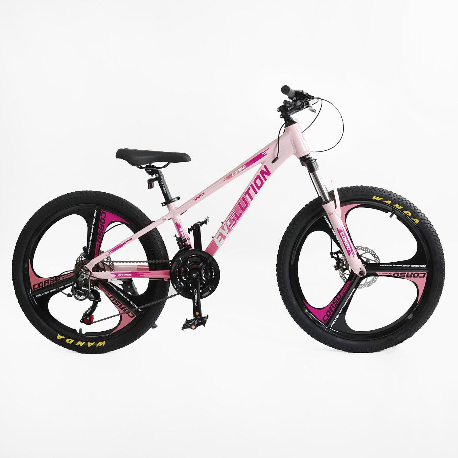 Велоcипед спортивный Corso Evolution 24" рама алюминиевая 11" оборудование Shimano 21 скорость Розовый (32143201)