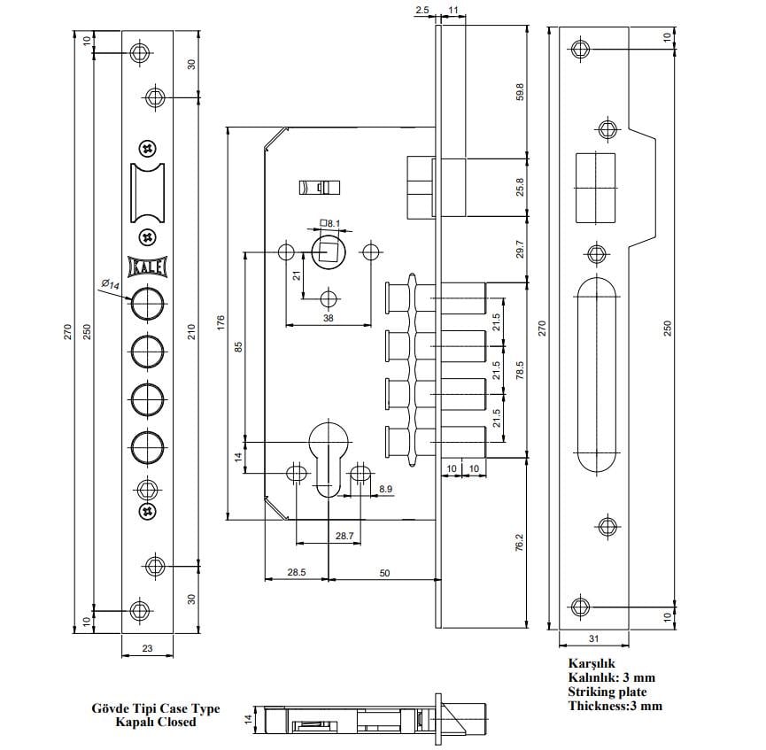 Корпус замка Kale Kilit 152-4MR/152-50 4 ригелі 85/50 мм Нікель (560100145) - фото 2 Корпус замка Kale Kilit 152-4MR/152-50 4 ригелі 85/50 мм Нікель (560100145) - фото 2