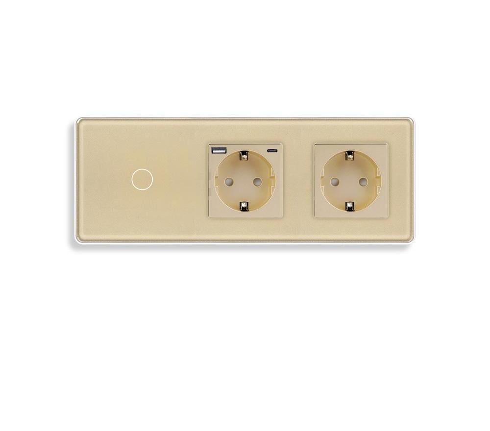 Выключатель сенсорный ELIOS с розеткой USB A+C 20Вт с заземлением/шторками 16А 230В стекло Золотой