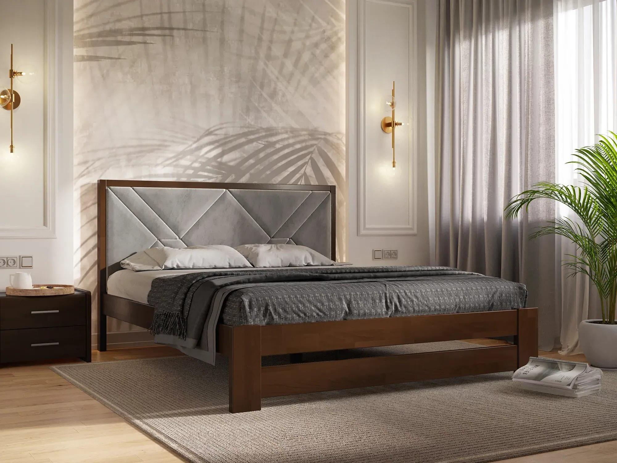 Кровать двуспальная Arbor Drev Симфония Премиум с ламелями без матраса натуральное дерево бук/ткань 180х200 см Орех/Серый (51365)