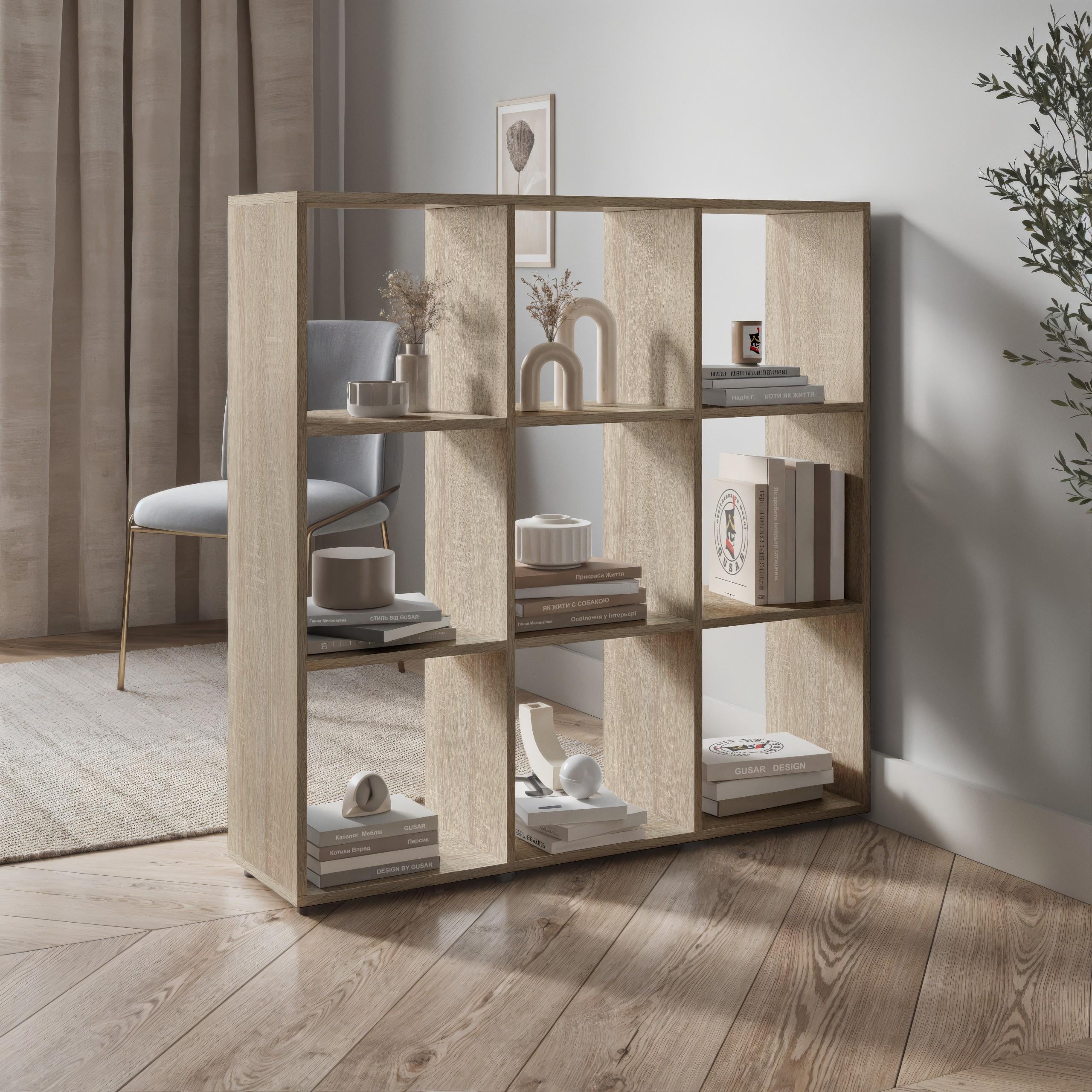Стеллаж для книг и декора на 9 ячеек P-18 1072х290х1078 мм Дуб Сонома