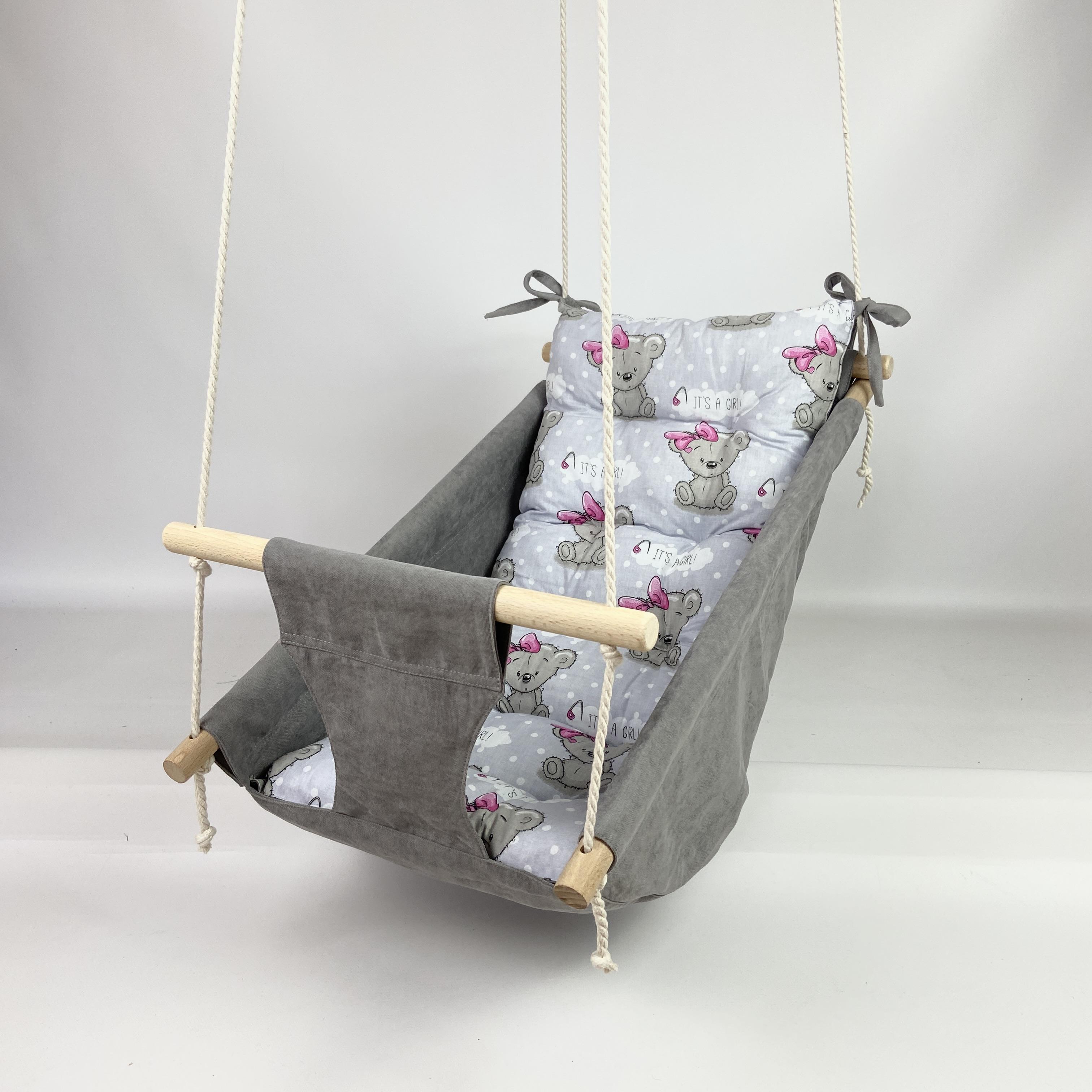 Подвесные детские качели Колыбелька из микровелюра с мишками Светло-серый (gs-8857)