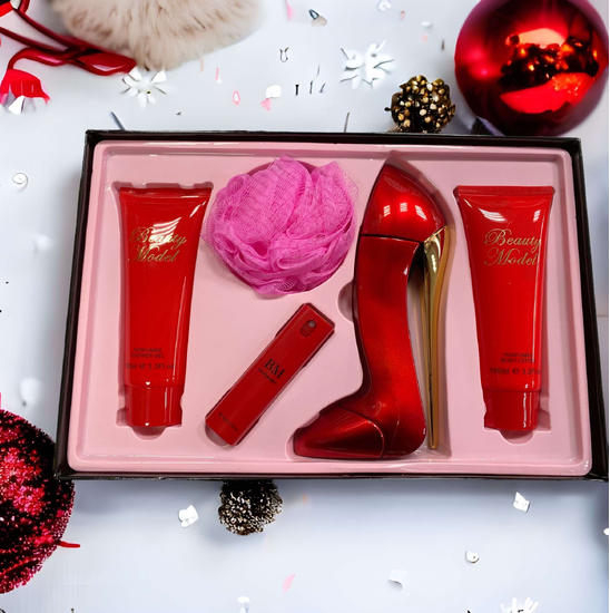 Набір для жінок BEAUTY MODEL парфуми/міні-спрей/лосьйон/гель/губка Червоний (ML-555566)