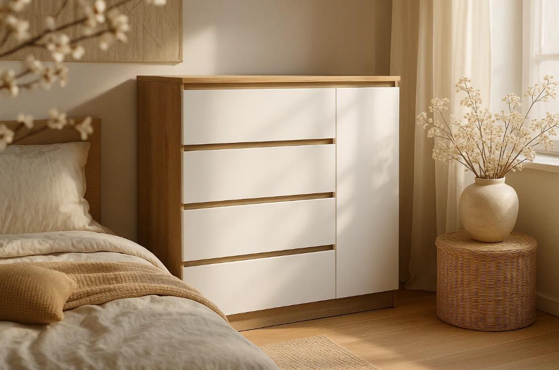 Комод Мастер Форм Брайт ДСП 4/1 телескопические направляющие правосторонний 1000х376х950 мм Сонома/Белый Комод Мастер Форм Брайт ДСП 4/1 телескопические направляющие правосторонний 1000х376х950 мм Сонома/Белый