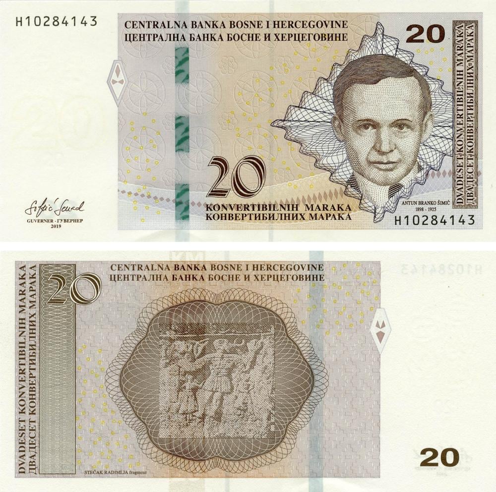 Коллекционная банкнота Босния и Герцеговина 20 марок 2019 UNC Латиница-Кириллица P82 (Б17915)