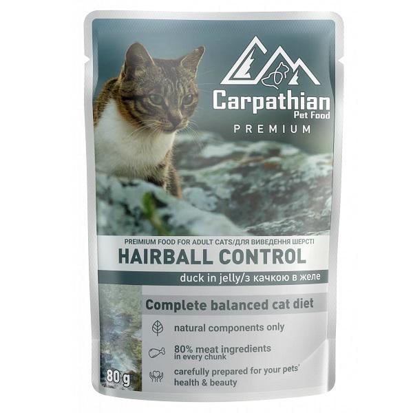 Корм для котів вологий Carpathian Pet Food Hairball Качка в желе виведення шерсті для котів пауч 80 г 24 шт. (000019854)