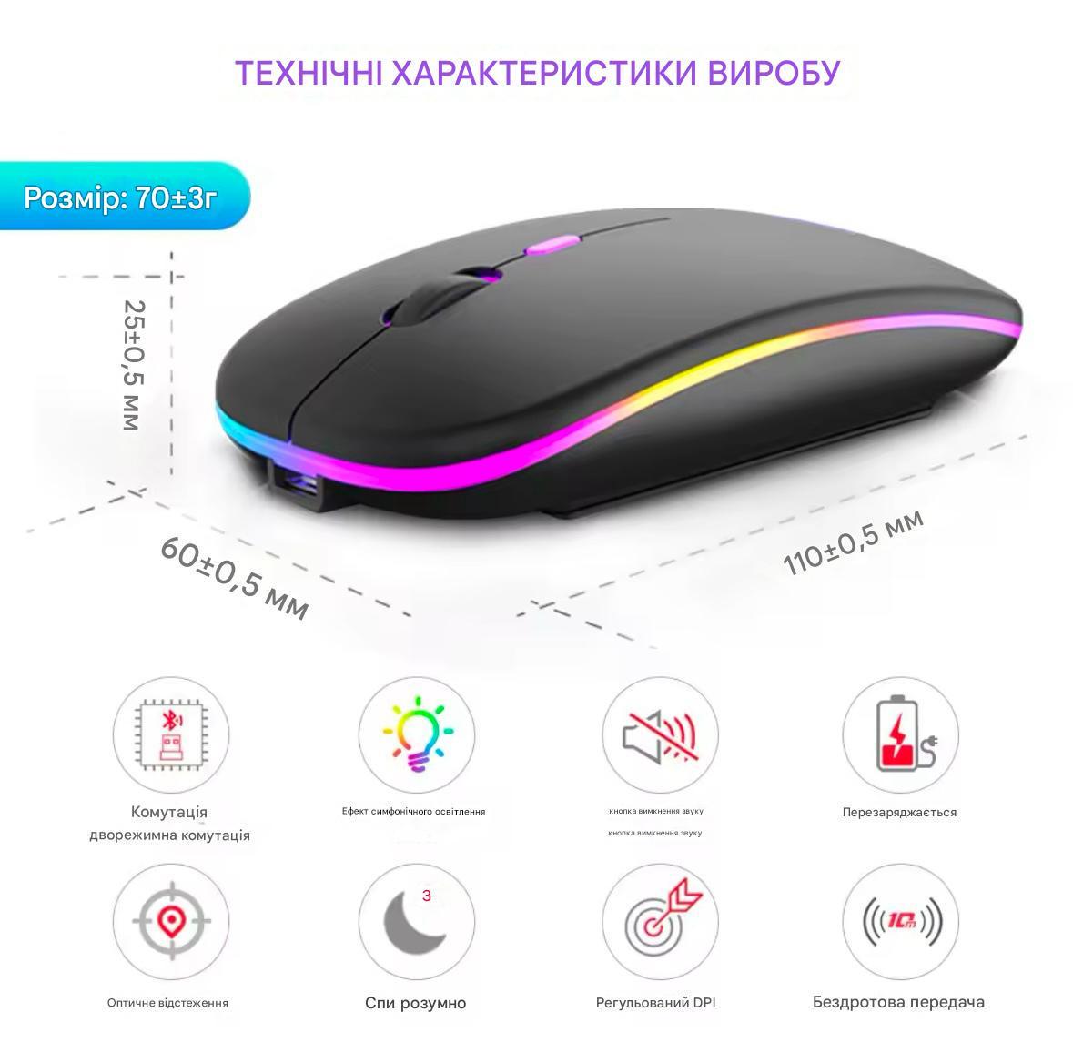 Мышь беспроводная аккумуляторная с RGB-подсветкой 2,4 ГГц BT для ПК - фото 10 Мышь беспроводная аккумуляторная с RGB-подсветкой 2,4 ГГц BT для ПК - фото 10