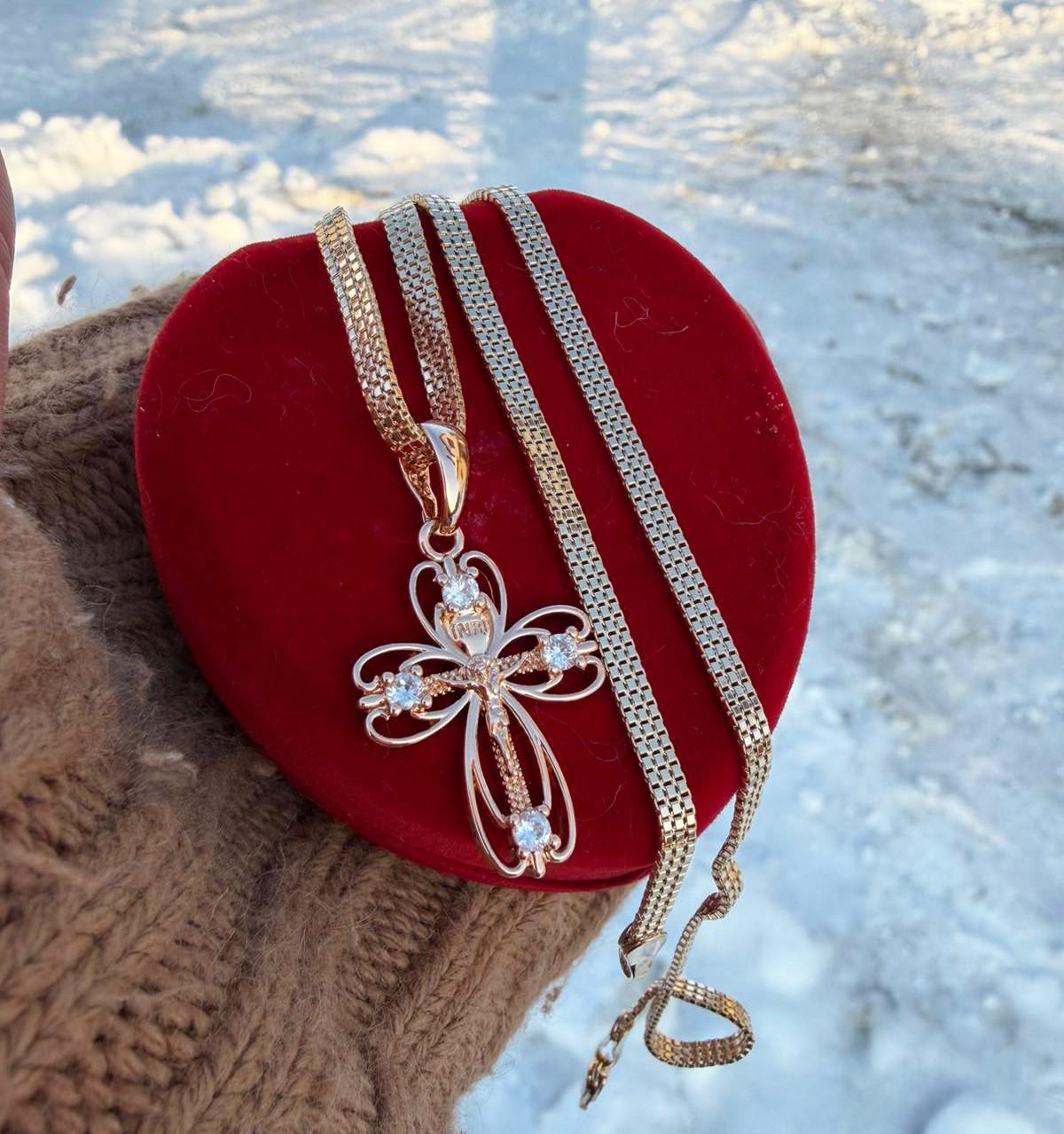 Набор украшений Xuping цепочка венецианское плетение 45 см 3 мм/крестик с камнями 3 см 18к 585п Золотой (82-042-1)