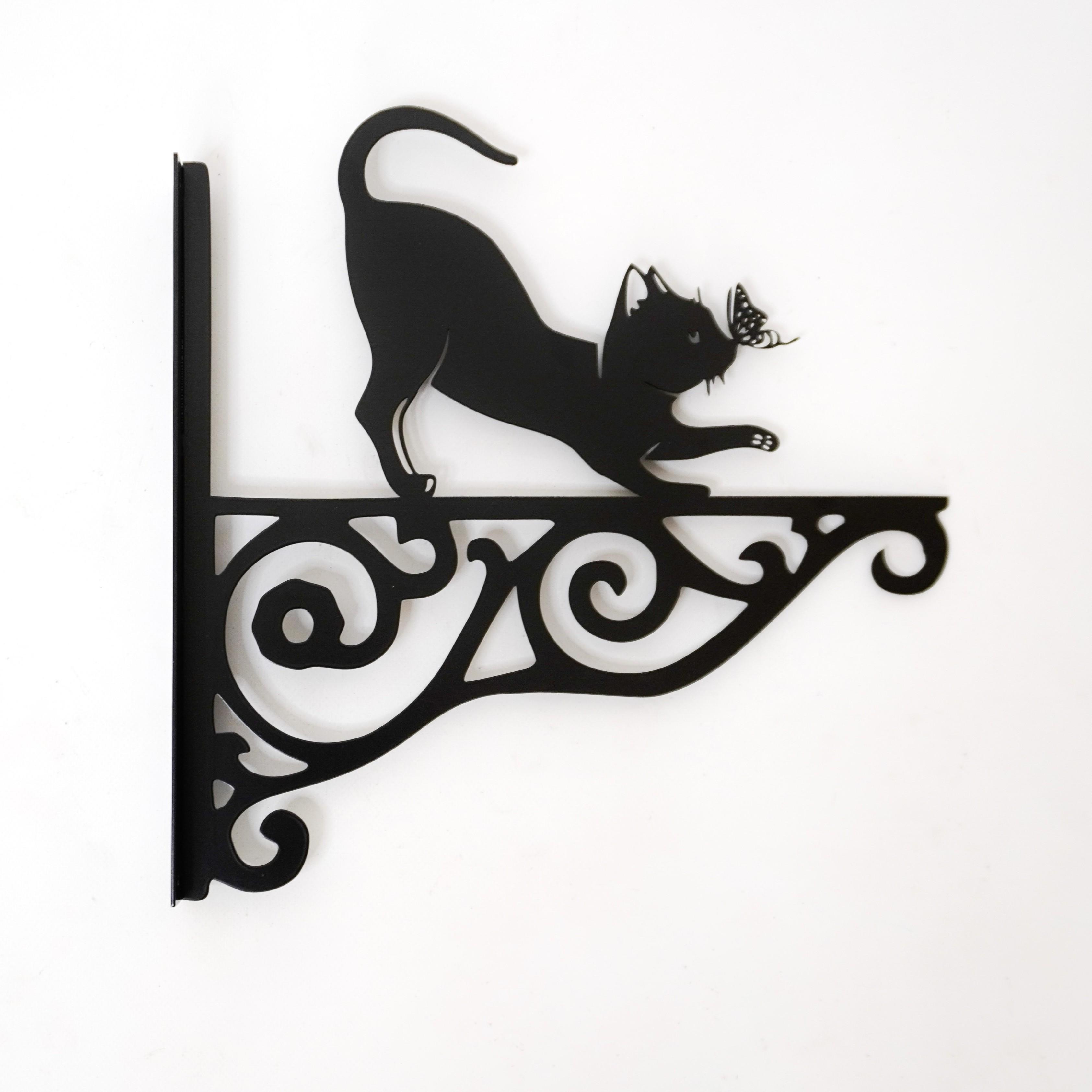 Кронштейн Кіт з метеликом для кашпо з квітами метал Чорний (М010)