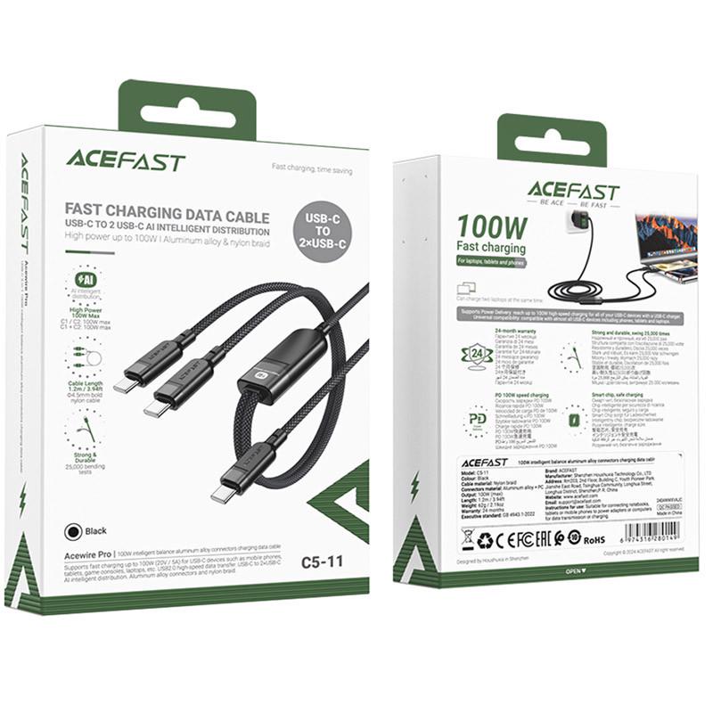 Дата-кабель Acefast C5-11 USB-C to 2xUSB-C 100W 1,2 м Black (00000073057_1) - фото 2