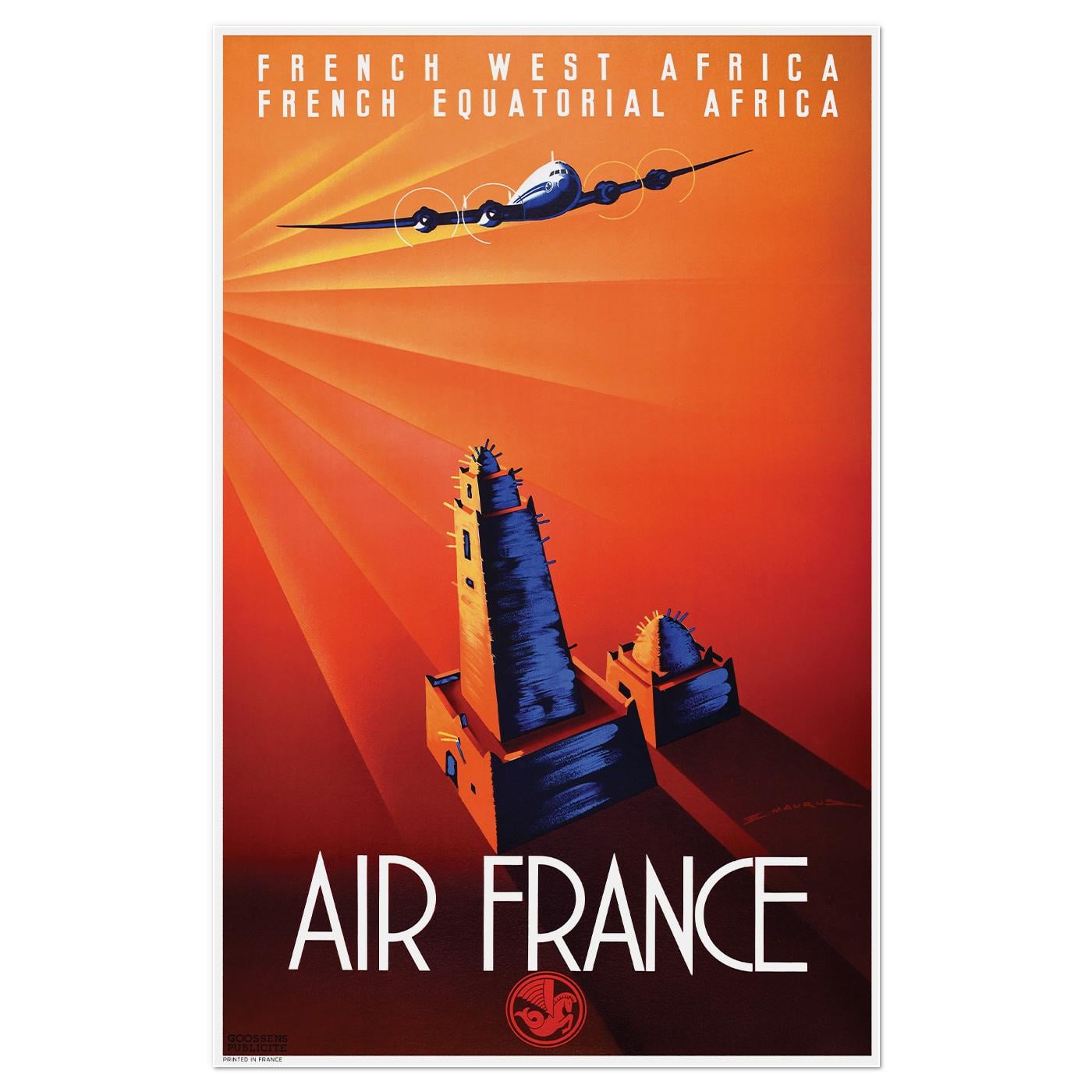 Плакат авиационный Air France Западная и Экваториальная Африка 1946 55x86 см (0337)