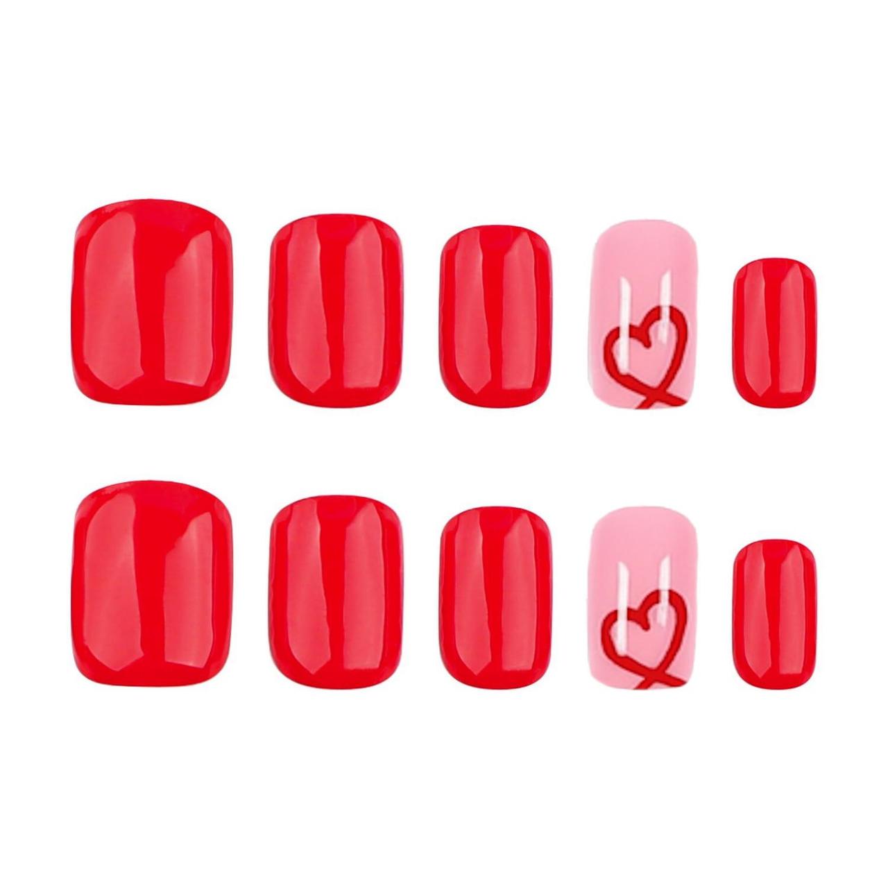 Накладные ногти с сердцем квадрат средней длины с клеевыми пластинами 24 шт. Алый (2789190676) - фото 7