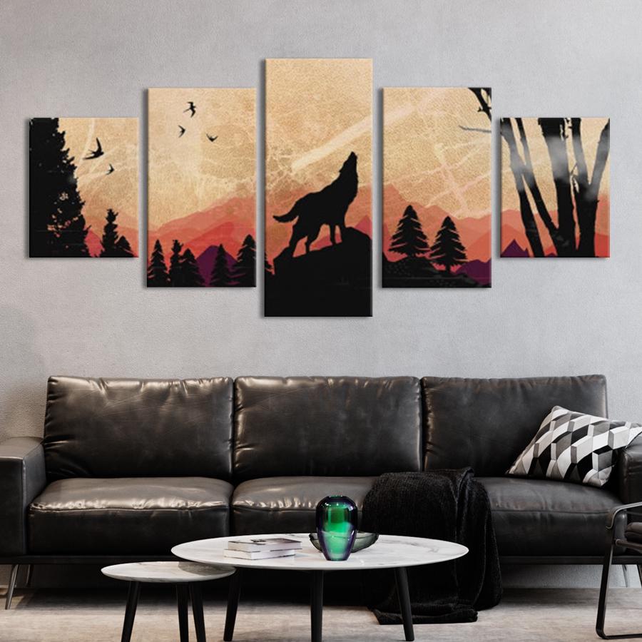 Картина модульная из 5 частей Вой волка в лесу XL 187x94 см (MK53640)