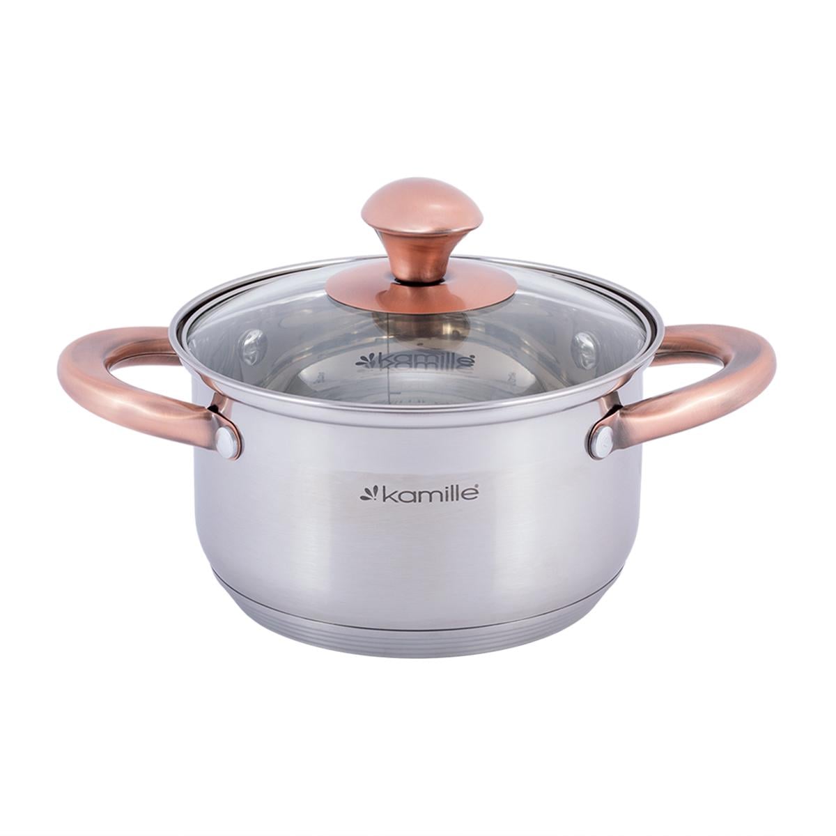 Кастрюля со стеклянной крышкой Kamille KM-4930 из нержавеющей стали и 5-ти слойным дном 1,5 л Медно-стальной (124-84-4930)