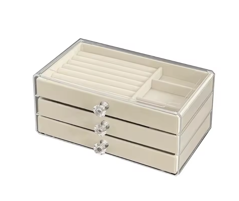 Шкатулка-органайзер для украшений трехъярусная из бархата и акрила Бежевый (25570887)
