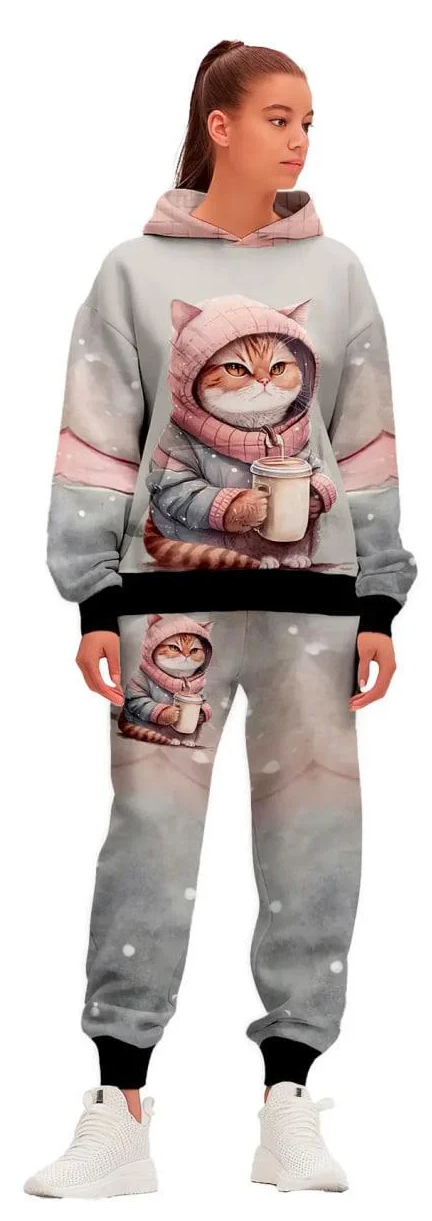 Спортивний костюм жіночий Кіт з чашкою M Сірий (200053) - фото 1 Спортивний костюм жіночий Кіт з чашкою M Сірий (200053) - фото 1