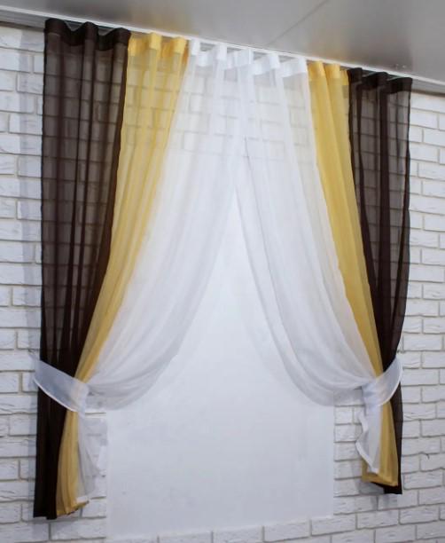 Комплект штор на кухню/балкон з підв'язками 300х170 см Венге/Янтарний/Білий (054к) - фото 2 Комплект штор на кухню/балкон з підв'язками 300х170 см Венге/Янтарний/Білий (054к) - фото 2